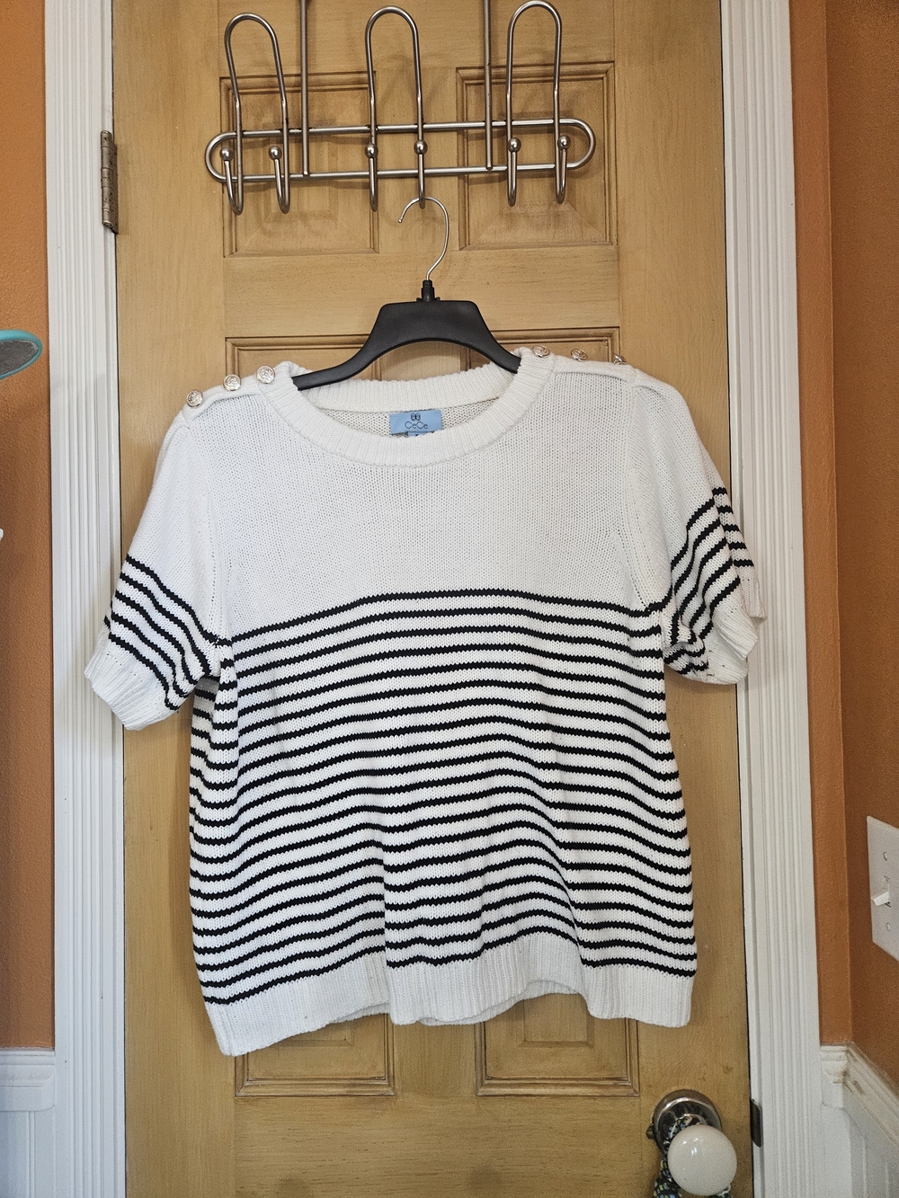 Black and White Striped Knit Sweater with Shoulder Buttons